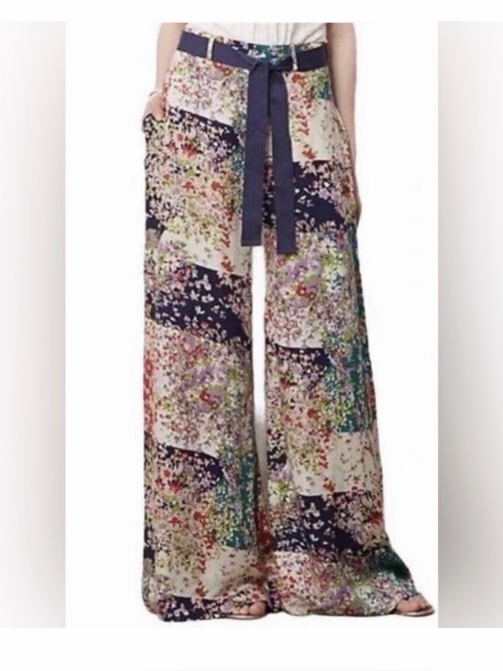 elevenses Navy Floral Wide Leg Pants with Teal & White Panels